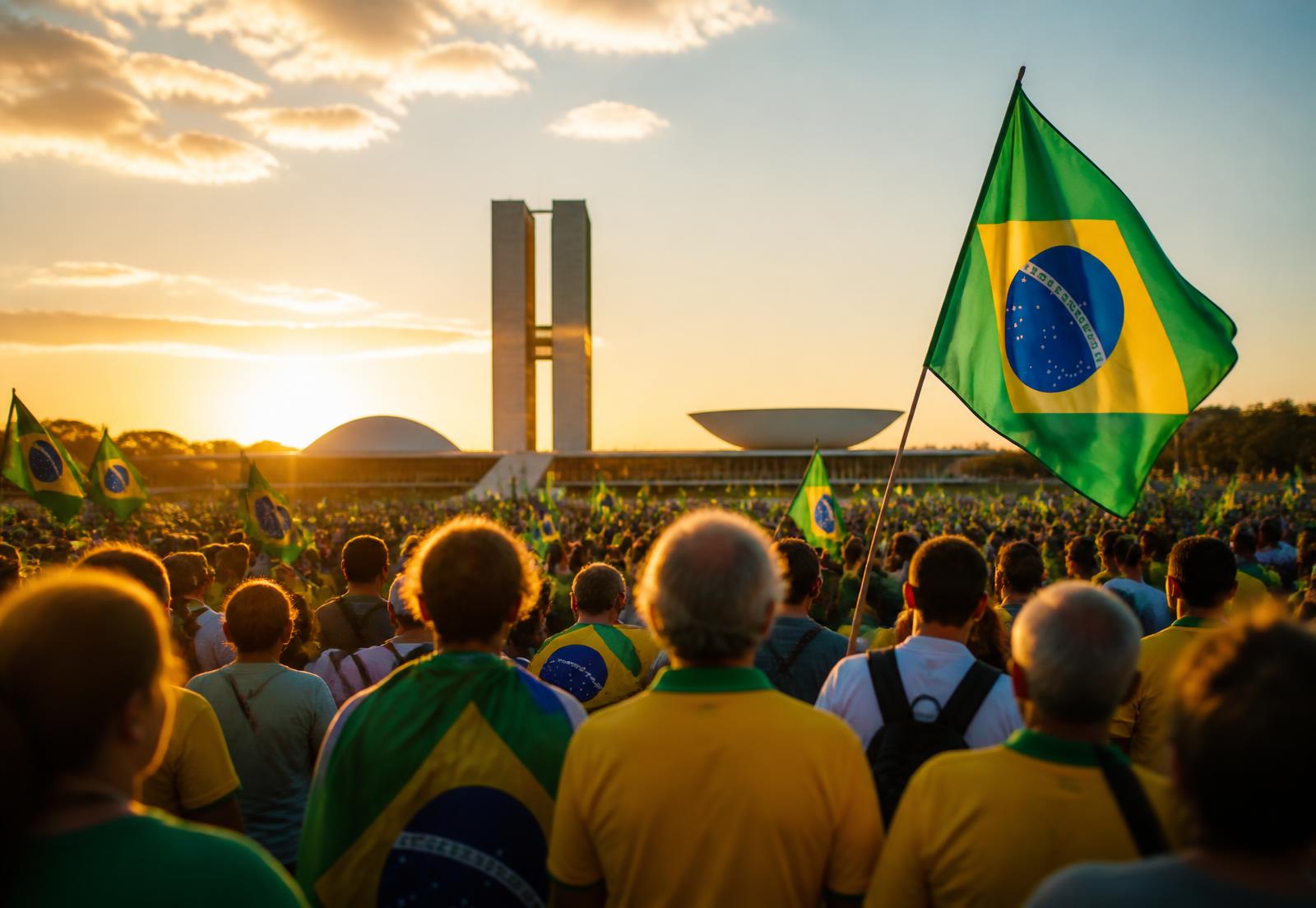 Multidão em ato cívico pacífico com bandeiras do Brasil ao pôr do sol em Brasília